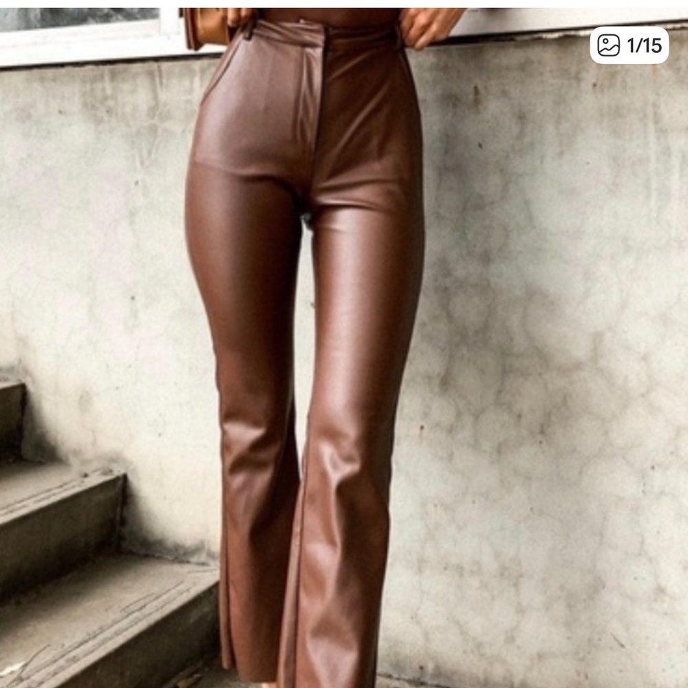 Meshki Faux Leather Tyra Flare Brown Pants XS